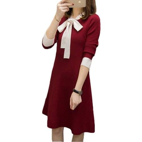 Autumn Winter Women Knitted Sweater Dress New Bow Pullover Sexy Large Size Long-sleeved Knit Office Dress Elegant women Vestidos