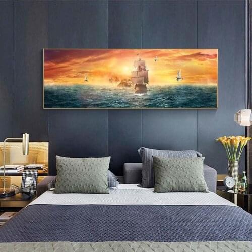 Sailing Ship On The Sea Canvas Paintings On the Wall Art Posters And Prints Sunset of Sea Canvas Pictures For Bed Room Cuadros