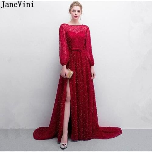 JaneVini 2020 Arabic Luxury Pearl Lace Burgundy Long Sleeve Prom Dresses Scoop Neck Side Split A Line Sexy Dubai Prom Party Gown