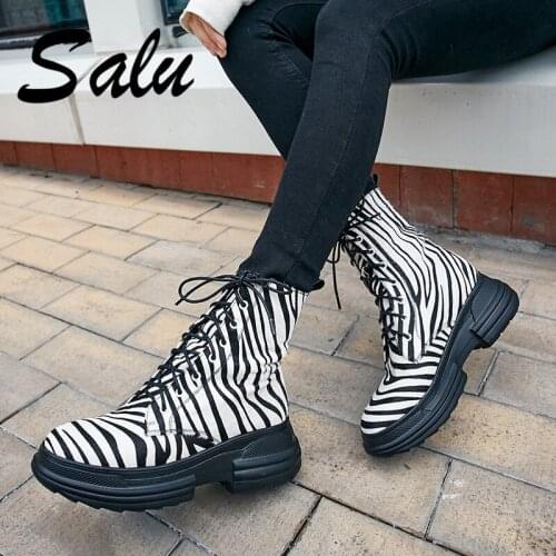 Salu Ankle Boots High Quality Brand Horse Hair Leather Shoes Woman Handmade Lace-up Platform Heel Round Toe Boots