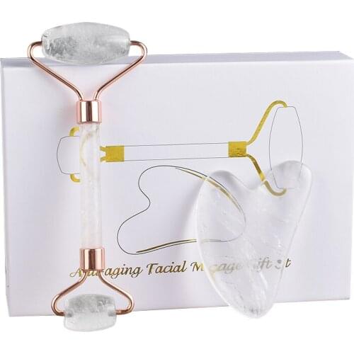 Natural white crystal massage scraper and massage roller set facial manual massager scrapping board set to tighten up