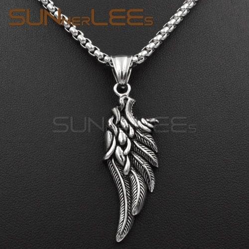 SUNNERLEES NEW Fashion Jewelry Stainless Steel Pendant Necklace Link Chain Punk Angel Wings For Mens Womens SP27