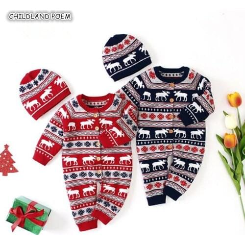 Christmas Baby Romper Deer Knitted Baby Clothes Newborn Baby Boy Girl Clothes Costume 100% Cotton Infant Baby Jumpsuit With Hat
