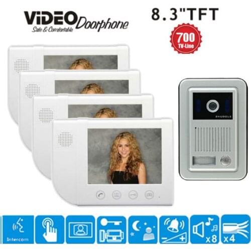 ZHUDELE 1Camera+4Monitors Luxury 8.3" video door phone home security intercom system doorbell 700 TVL HD camera waterproof cover