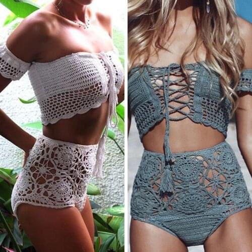Crochet High Leg Bandeau Bikini Set Swimwear Female Two Pieces Swimsuit High Waist Bikini Women Bathing Suit Biquini 2019 New
