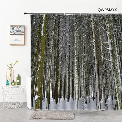 Birch Forest Covered With Snow Shower Curtains Fabric Hook Natural Scenery Bath Curtain Winter Landscape Home Toilet Decor Cloth
