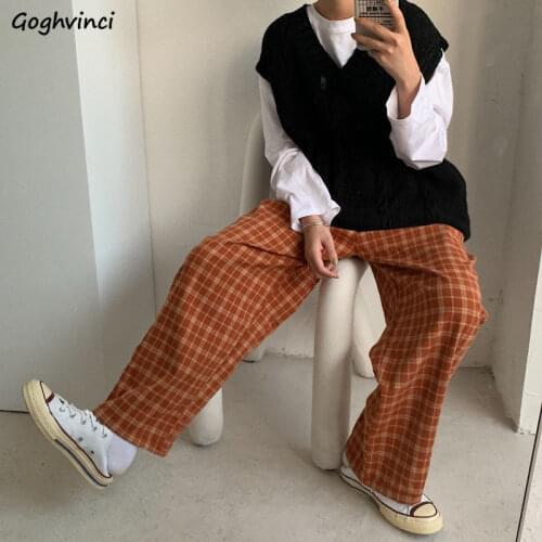 Women Casual Pants Plaid All-match Loose Wide Leg Trousers Female Simple Korean Style Ulzzang Ins Chic Elastic Waist Streetwear