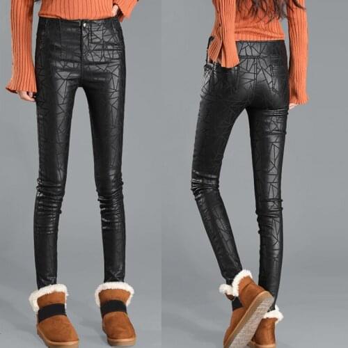 Winter Fall Casual Women Ladies Stretch Black Pu Leather Printed Trousers , Fashion Woman Fleece Warm Thick Penicl Skinny Pants