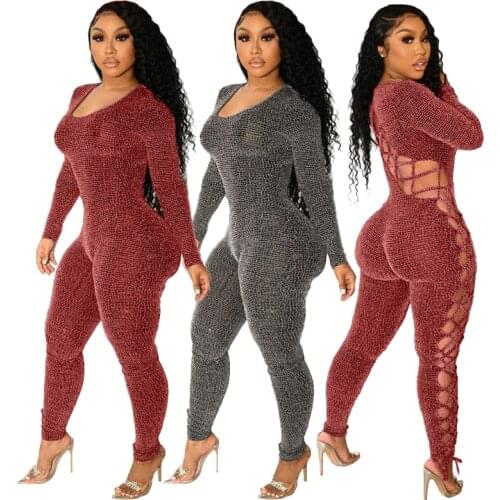 Echoine Women sexy Lace Up Hollow Out Skinny Jumpsuit Low Neck Full Sleeve Bodycon Overall Autumn Fitness Party Bodysuits Romper