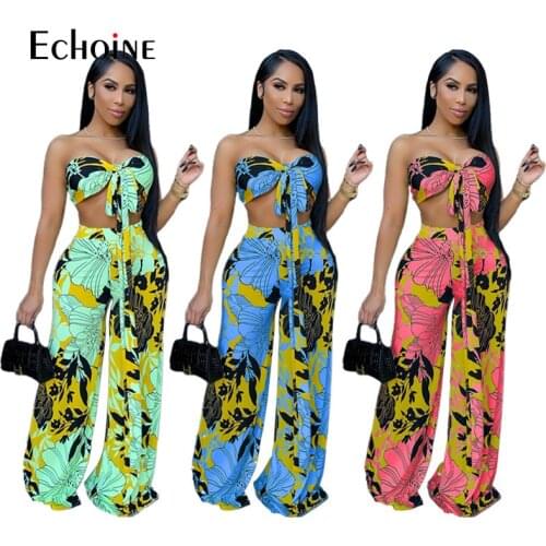 Echoine Summer Women Print set Sleeveless Strapless Bandage Crop Tops Wide Leg Pants Two Piece Sets Casual Fashion Streetwear