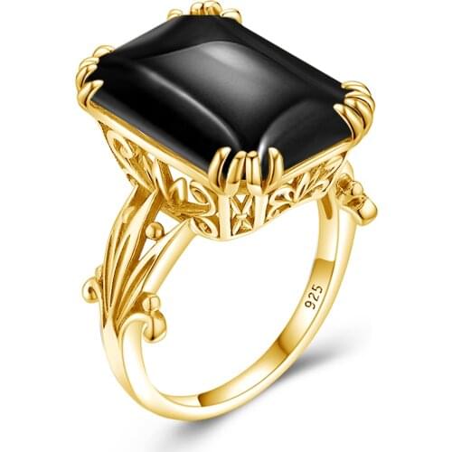 Szjinao Gold Ring For Women Luxury Real Sterling SIlver Gemstones Ring With Black Onyx Handmade Designer Shiny Fine Jewelry Gift