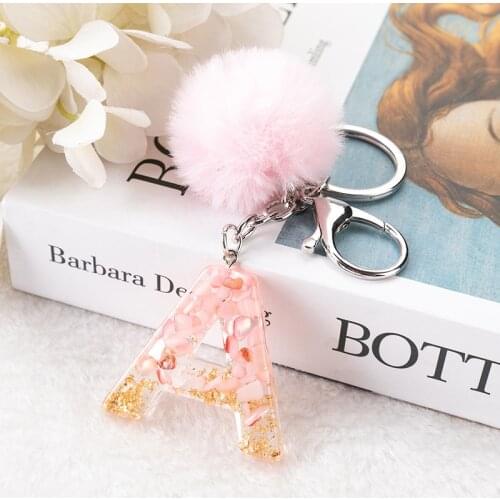 1Pc Pink Pompom Letter Keychain English Alphabet Keyring with Puffer Ball Glitter Gradient Resin Car Mirror Handbag Charms