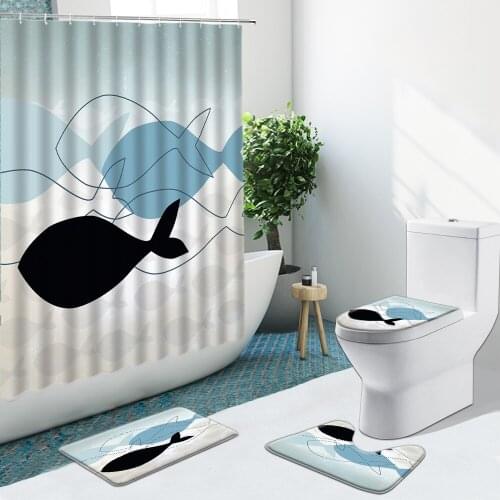 4Pcs Creative Cartoon Fish Shower Curtains Hand Drawn Tropical Fish Bathroom Set Non-Slip Rugs Toilet Cover Bath Mat Carpet Pad