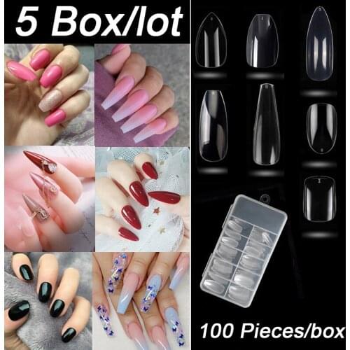 5 Boxes/Lot 100pcs/box Clear Full Cover Ballerina Coffin Roud Oval Square False Nail Fake Nails DIYShort Acrylic Nails Tips DIY