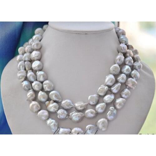 FREE shipping>>> >>Z6666 luster 3strands 13mm gray baroque keshi reborn pearl necklace 18inch 6.07