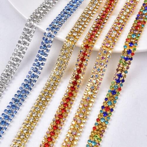 High Quality 2 Yards/Lot Glass Crystal Rhinestone Claw Chain 3 Rows Mix Color Cup Trim Wedding Dress DIY Clothes Accessory