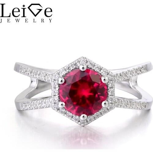 Leige Jewelry Lab Ruby Ring Promise Rings Genuine Solid 925 Sterling Silver Round Cut Red Gemstone July Birthstone Presents
