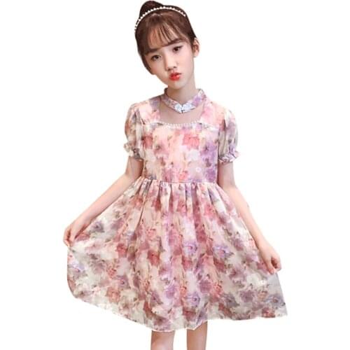 Summer Dress Girl Floral Pattern Dress For Girl Pearls Party Dress Child Casual Style Girls Clothing