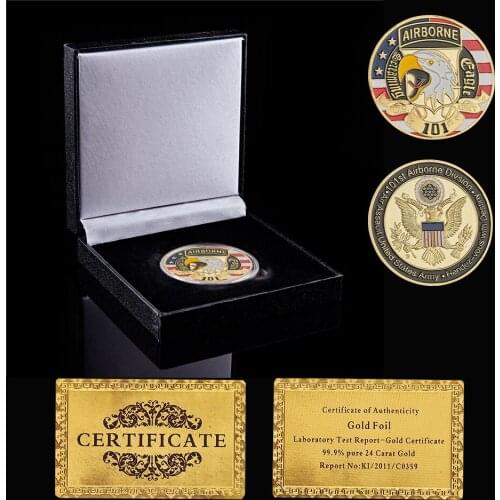 2020 USA Challenge Coin 101st Ariborne Division Great Seal Soldier Gold Plated Token Coin W/ Box