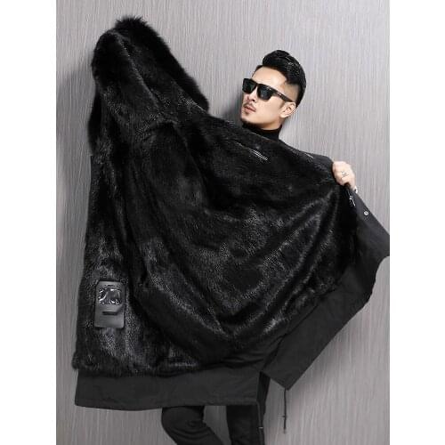 Parka Real Fur Coat Men Winter Jacket Natural Mink Fur Liner Fox Fur Collar Hooded Overcoat Mens Mink Coat KD91008-97