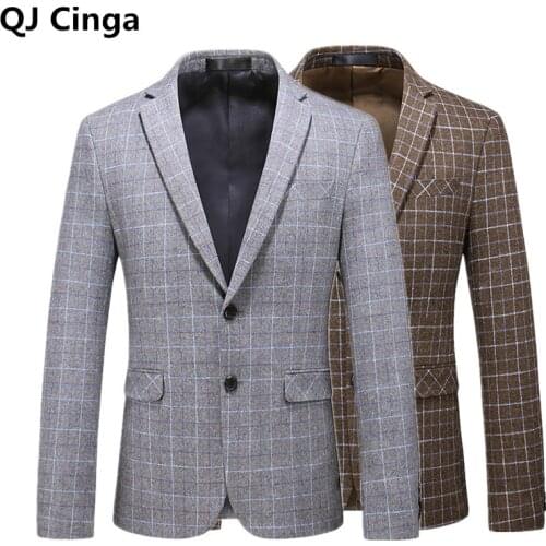 Winter New Gray Woolen Blazer Men Brown Large Size Mens Plaid Coat Fashion Slim Jacket Luxury Brand Tuxedo S-5XL 6XL Male Suit