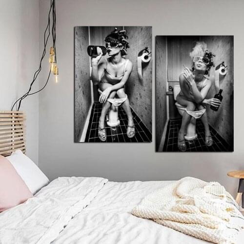 Black Toilet Girl Poster Wall Prints Modern Pop Art Frame Scroll Canvas Painting Poster Wall Pictures Home Decor for Bedroom