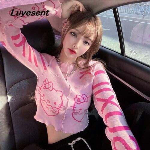 Pink Kawaii Girl Short Length Sweater Y2k Lovely Cartoon Letter Knitted Top Sweet Korean Fashion Full Sleeve Pullover Sweaters