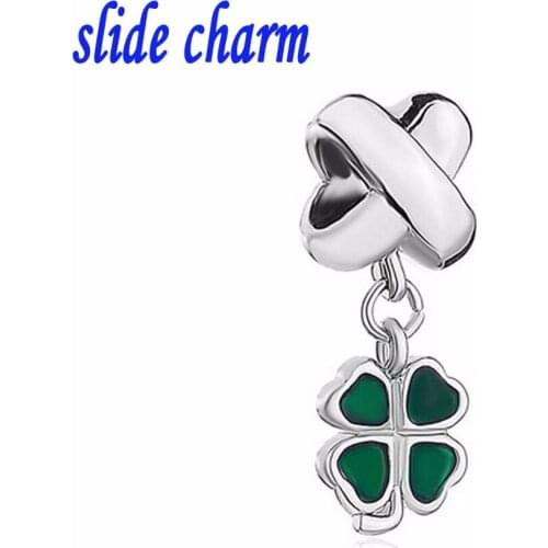 Slide charm Free shipping European and American fashion personality floral gift green enamel clover charm fit Pandora bracelet