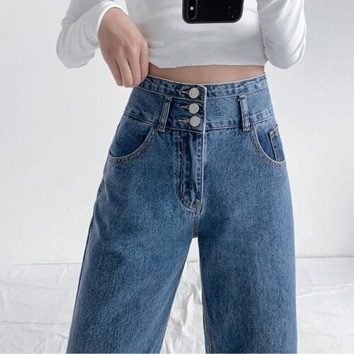Blue Vintage Women Jeans High Waist Straight Cotton Loose Wide Leg Denim Pants 90s Aesthetic Urban Fashion Baggy Streetwear