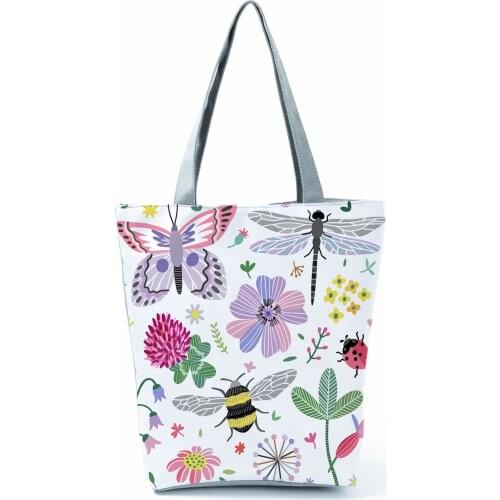 Refreshing Beautiful Handbag Letter Animal Pattern Tote Female Butterfly Bee Floral Print Shoulder Bag Eco Friendly Shopping Bag