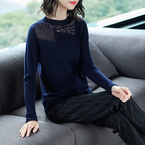 High Quality Spring Autumn Female Fashion Hollow Out Wool Sweater Elegant Ladies Slim Knit Wool Sweater Long Sleeve