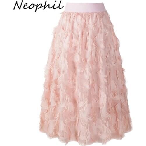 Neophil White Mesh High Waist Saia Midi Skirts Womens 2020 Summer Sweet Kawaii Feathers A line Long Jupe Tulle Femme Skirt S1653