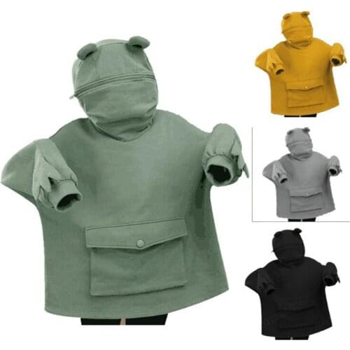 Women solid autumn hoodies casual loose front pocket Harajuku frog cute Lovely hoodes zipper pullover Sweatshirt fall hoody tops