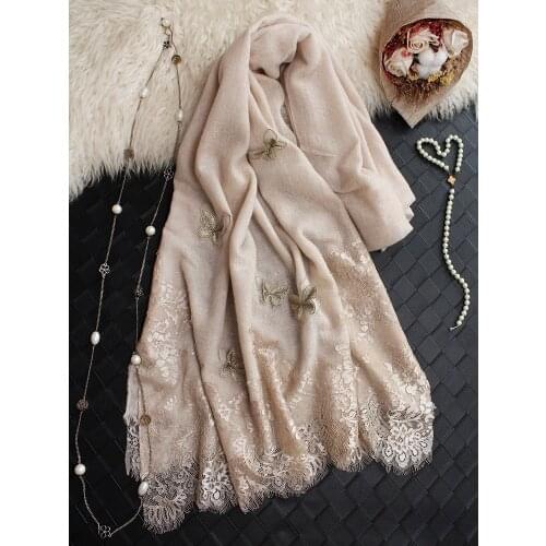 100% Wool Scarf w Lace Patchwork Women Top Grade Winter Scarves Wraps Shawl w Embroidery Butterfly 224*74cm Female Luxury Gifts