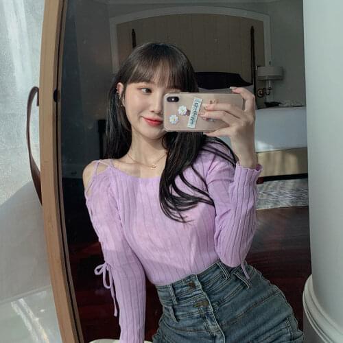 Woman Sweaters Pullover Gas Strap Off-the-Shoulder Sweaters Clothing Fall Wear Long Sleeves Slim-Fit Round Neck Knitted Top