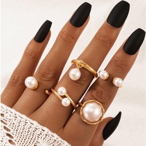 5pcs/set Fashion Temperament Pearl Ring Popular Open Rings Set Female Vintage Pearl Ring Party Accessories Jewelry for Women