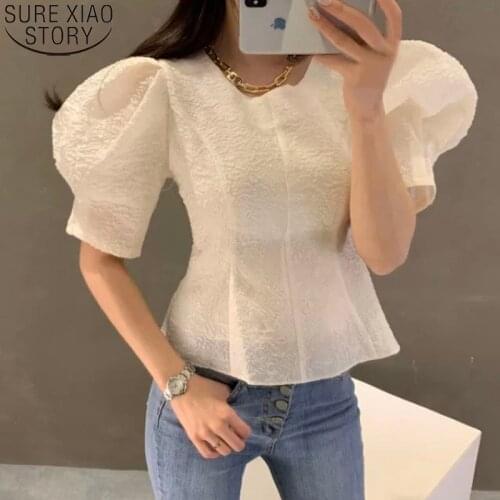 White Short Sleeve Blouses Korea Chic Puff Sleeve Round Neck Crochet Shirt Women Blosue Office Lady Tops Slim Clothes 13945