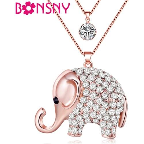 Bonsny Statement Alloy Rhinestone Elephant Necklace Pendant Chain Collar New Fashion Accessories Jungle Animal Jewelry For Women