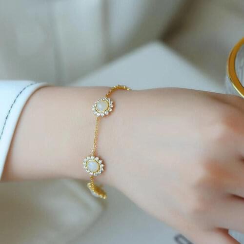 "Daisy" Hetian Jade Daisy Bracelet S925 Sterling Silver Gold Mosaic Jade Bracelet Fashion Elegant Female Accessories