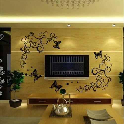 Black Flower Vine Butterfly Wall Sticker For Home Decorations Diy Plant Decals Pvc Mural Art Posters