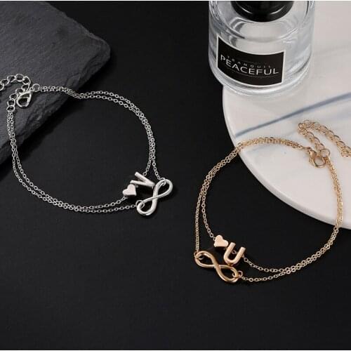 Double Layer 26 Alphabet Letters A B C to S Silver Plated Heart Number 8 Foot Jewelry Anklets For Women