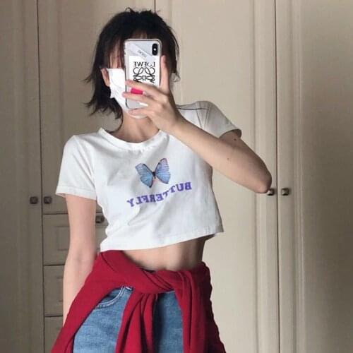 2021 Spring Short Sleeved neck T-shirt Street Clothes clothing vintage Sexy Harajuku Crop Top Female High Waist Printed T shirt