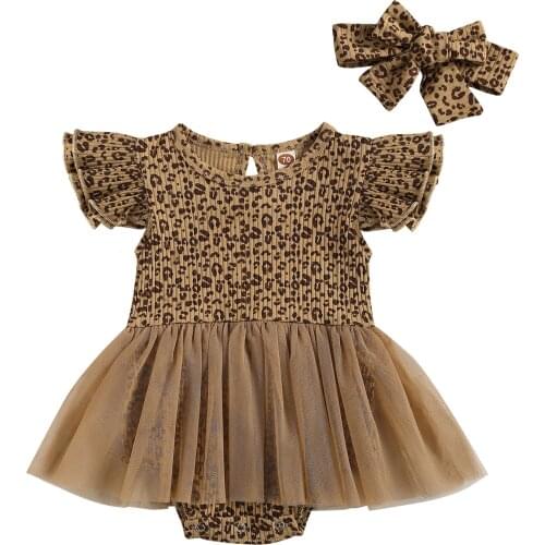 2021-01-09 Lioraitiin 2Pcs Set Newborn Infant Baby Girl Summer Bodysuit Off Shoulder Dress Patchwork Leopard Printed Jumpsuit