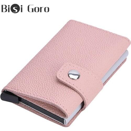 BISI GORO Genuine Leather RFID Wallet Thin Card Holder Pocket Fashion Women Metal Purse 2020 Mini Money Bag Smart Wallet ID Case