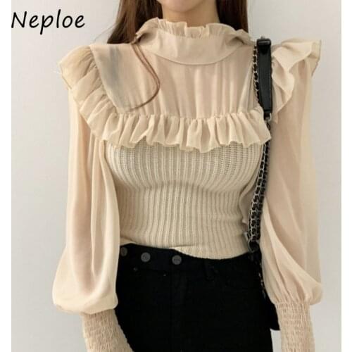 Kuzuwata Autumn Elegant Woman Blouses Half High Collar Ruffle Blusas Slim Lantern Sleeves Knitted Chiffon Stitching Shirt Women