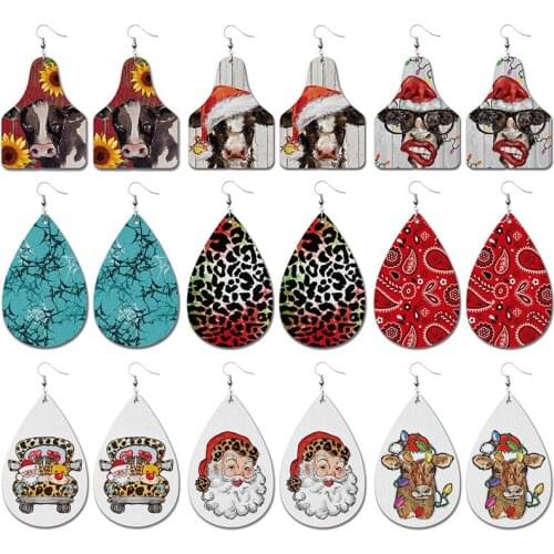 Latest Santa Claus Red Black Check Leopard Cow Tag Leather Dangle Drop Earrings Custom Christmas Halloween Party Daily Jewelry