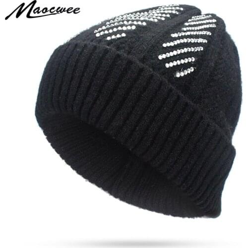 Diamond Single Layer Wool Knitted Thick Womens Winter Hats Folds Skullies Beanies Caps for Girls Beanie Warm Female Hats