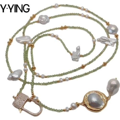 Y·YING 54" Natural Green Peridot White Keshi Pearl Long Loop Necklace Mabe Pendant sweater chain necklace for women