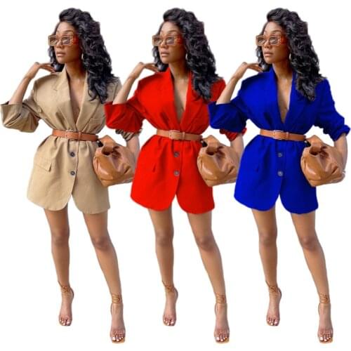 Sexy Autumn Women Clothing Solid Casual Blazers Jacket Long Sleeves Buttocks Pocket Belt Fashion Casual Wholesale Dropshipping