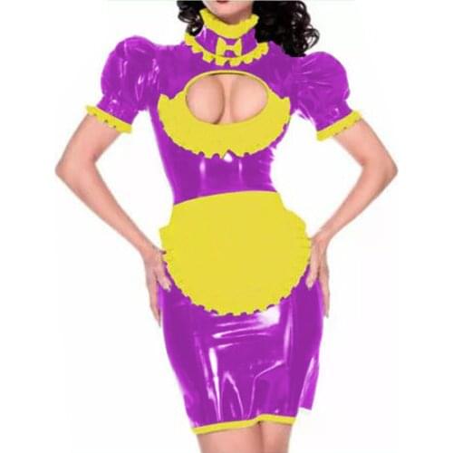 Sissy PVC Leathe Dress Lockable Uniform French Maid Cosplay Costume Wetlook Clubwear Puff Sleeve Shiny PU Sexy Fancy Dresses